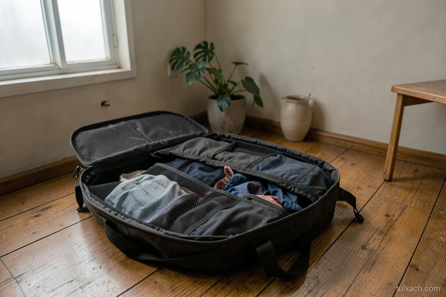 A charcoal travel backpack opened flat like a clamshell on the wooden floor of a homestay in Sa Pa, clothes in mesh compartments, overhead shot, misty window light