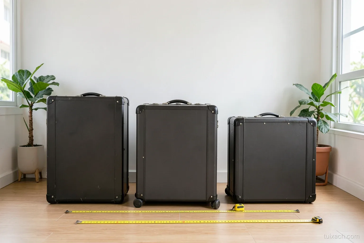 Three empty suitcases of different sizes standing in a row against a white wall in a bright Vietnamese apartment, a tape measure lying on the floor, eye-level wide shot, soft daylight