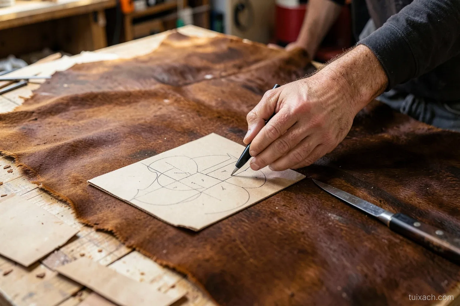 Close-up of a craftsman tracing plain cardboard patterns onto a large brown cowhide on a cutting table, scattered offcuts and a round knife nearby, warm workshop light
