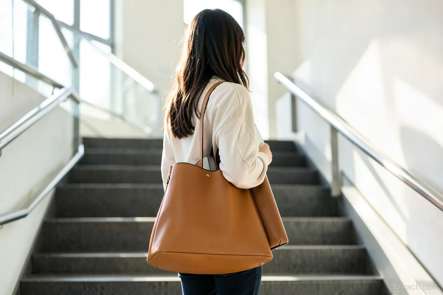A woman seen from behind walking up office stairs with a structured tan leather tote on her shoulder, a padded laptop sleeve peeking from the top, bright morning light