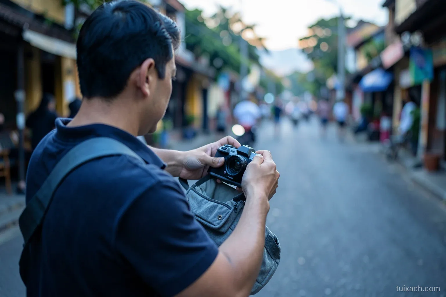 Over-the-shoulder view of a traveler on a quiet Hoi An street at dawn reaching into a grey sling bag to pull out a mirrorless camera, padded dividers visible, soft blue light