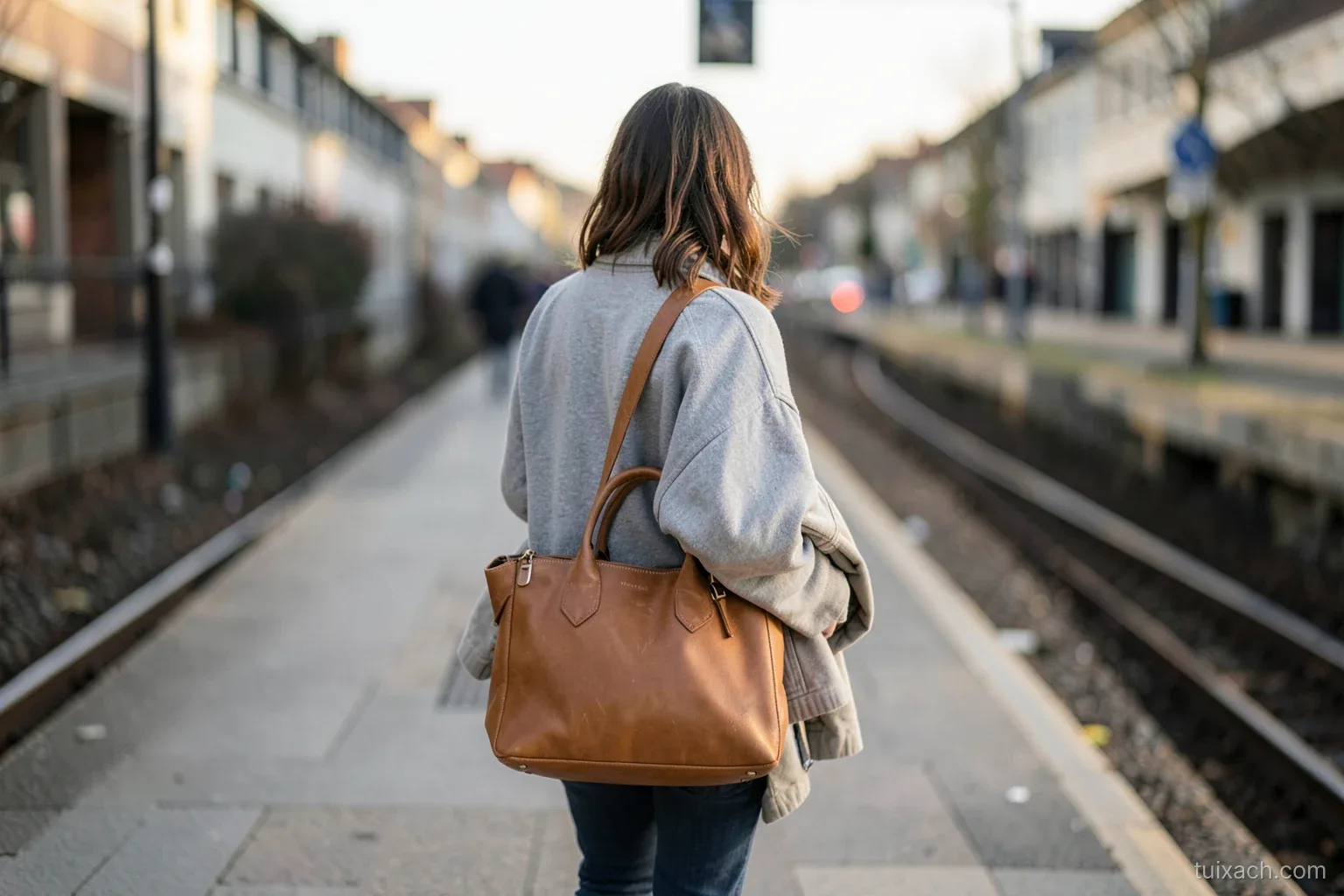 A woman seen from behind walking along a train platform in Hue carrying a tan leather weekender bag by its handles, a light jacket over her arm, soft late afternoon light, medium shot