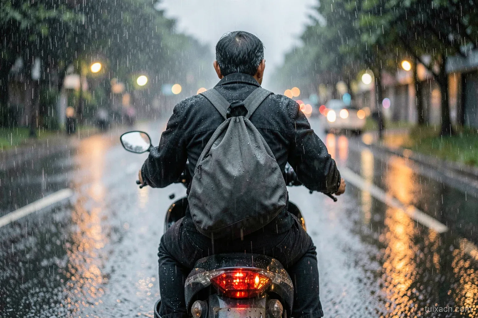 A man seen from behind riding a scooter in light rain with a dark grey messenger bag strapped snugly across his back, wet asphalt reflecting evening lights