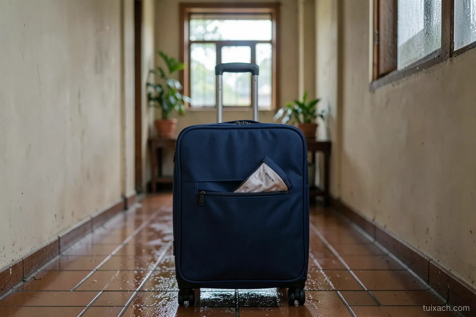 A navy blue soft-sided fabric suitcase standing in a narrow guesthouse hallway in Hoi An, front pocket half unzipped, rain-damp tiled floor, overcast window light, eye-level shot